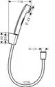 Hansgrohe Handbrause mit Halter und flexiblem Druckschlauch, abgebildet in seitlicher Ansicht, mit angegebenen Abmessungen für Montage und Anschluss.